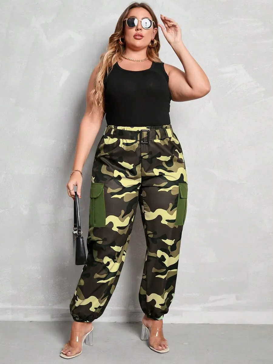 Camo Print Flap Side Pocket Cargo Pants