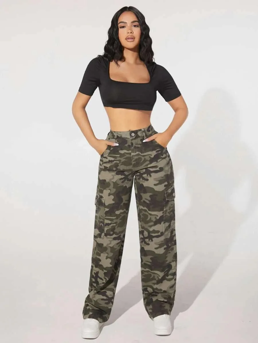 Camo Print Pocket Easy Wear Cargo Jeans