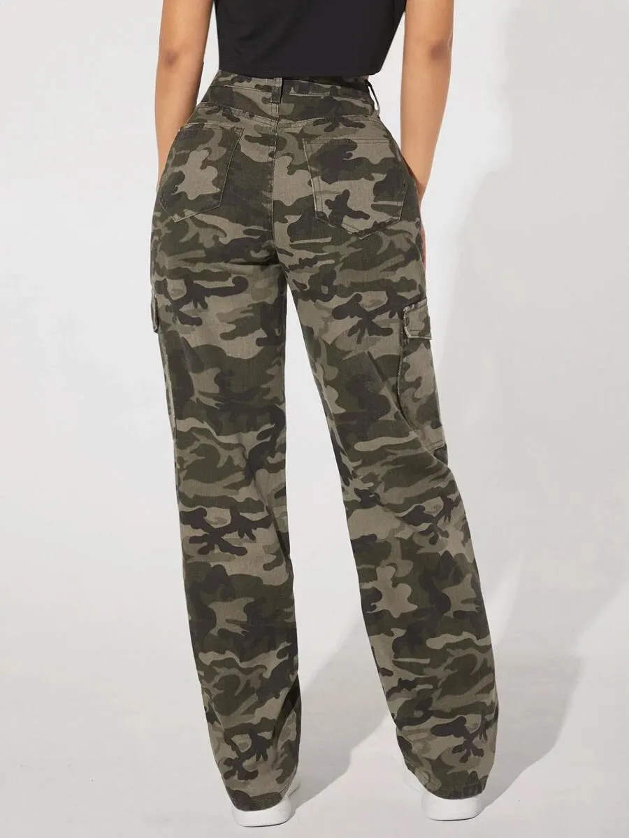 Camo Print Pocket Easy Wear Cargo Jeans