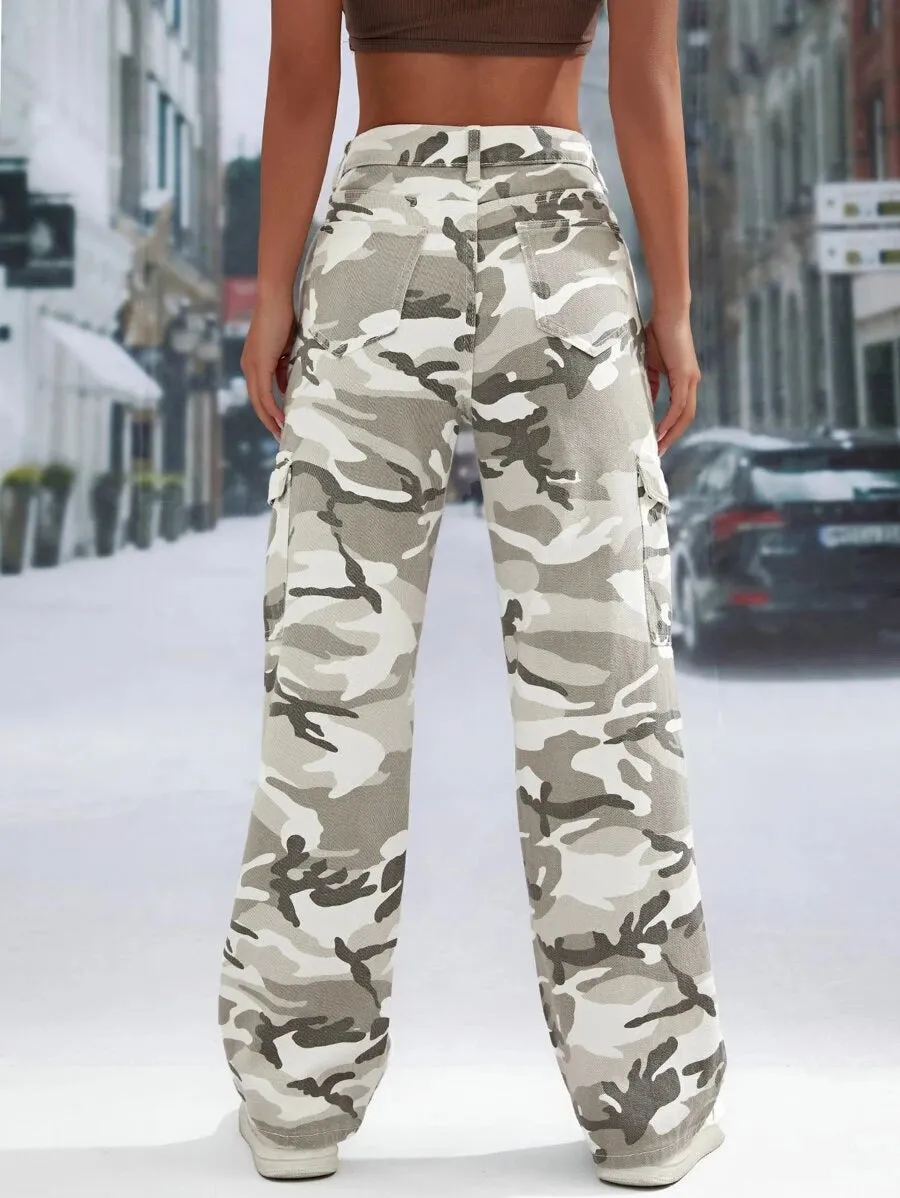 Camo Print Pocket Easy Wear Cargo Jeans