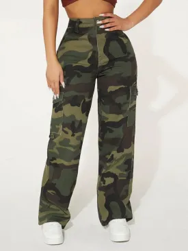 Camo Print Pocket Easy Wear Cargo Jeans