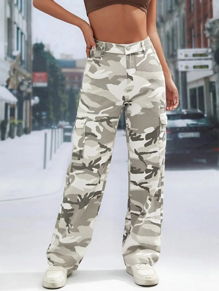 Camo Print Pocket Easy Wear Cargo Jeans