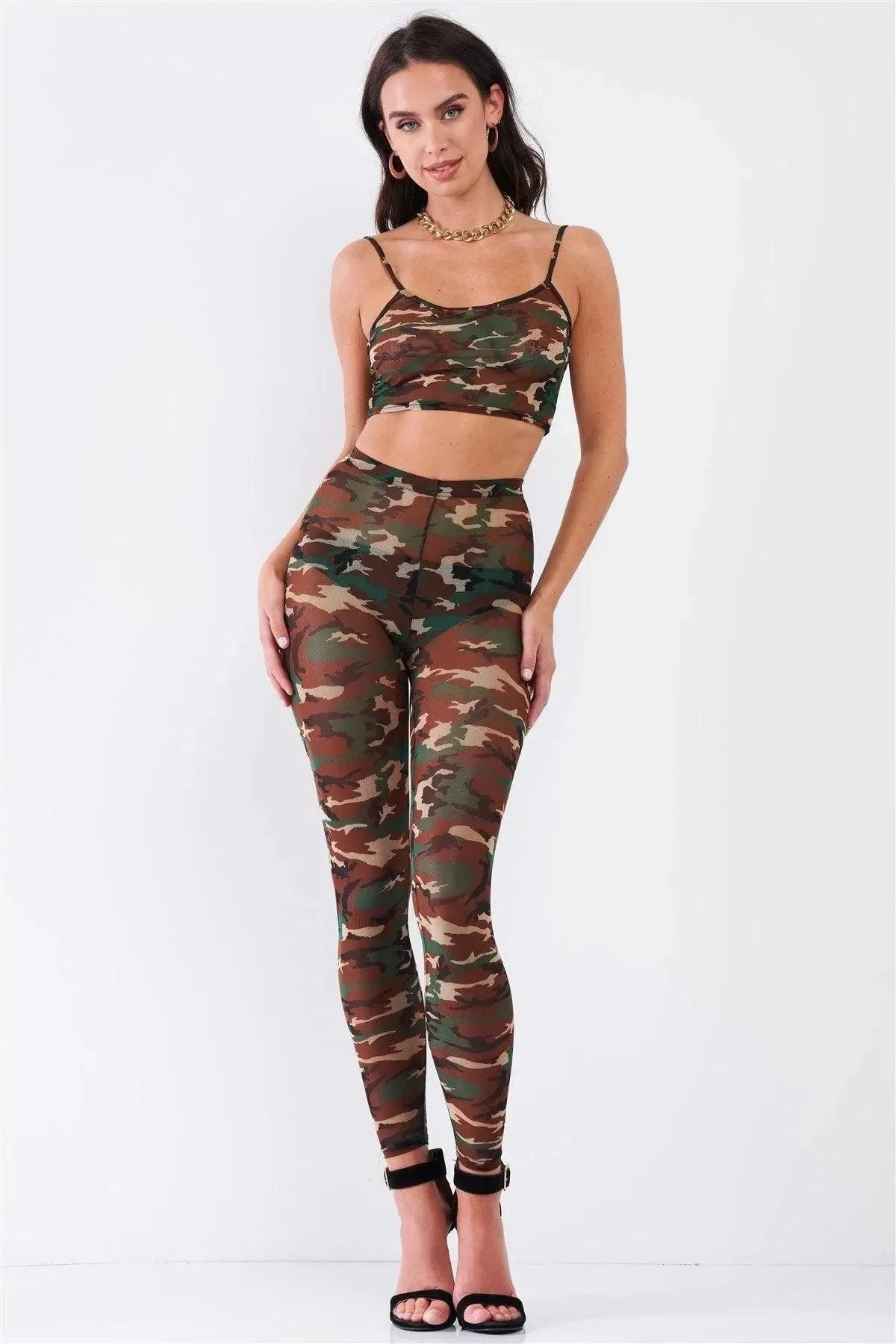 Camo Print Sexy Sheer Mesh Sleeveless Crop Top & High Waist Legging Set /1-2-2-1