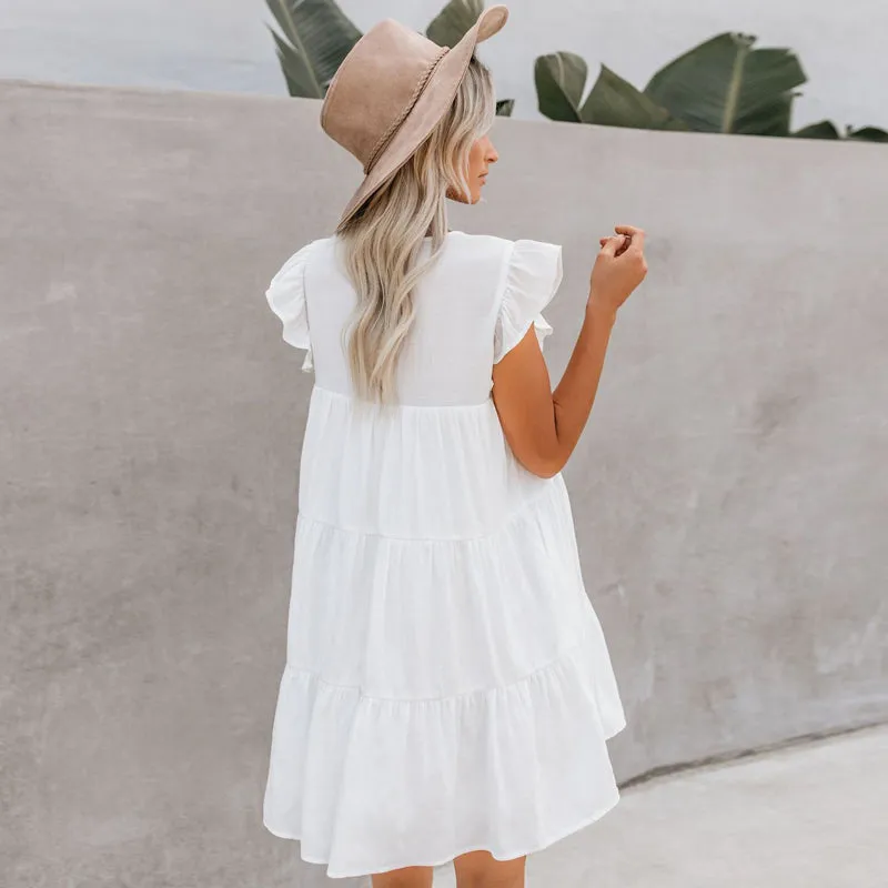 Cheap Price Cotton Solid Color White Loose Casual Summer Women Short Dresses