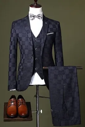 Chic Dark Blue Plaid One Button Three-Piece Men's Business Suit