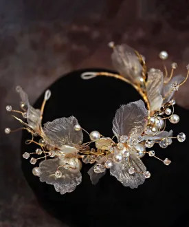 Classy Gold Tulle Crystal Pearl Floral Girl Hairpin IU058