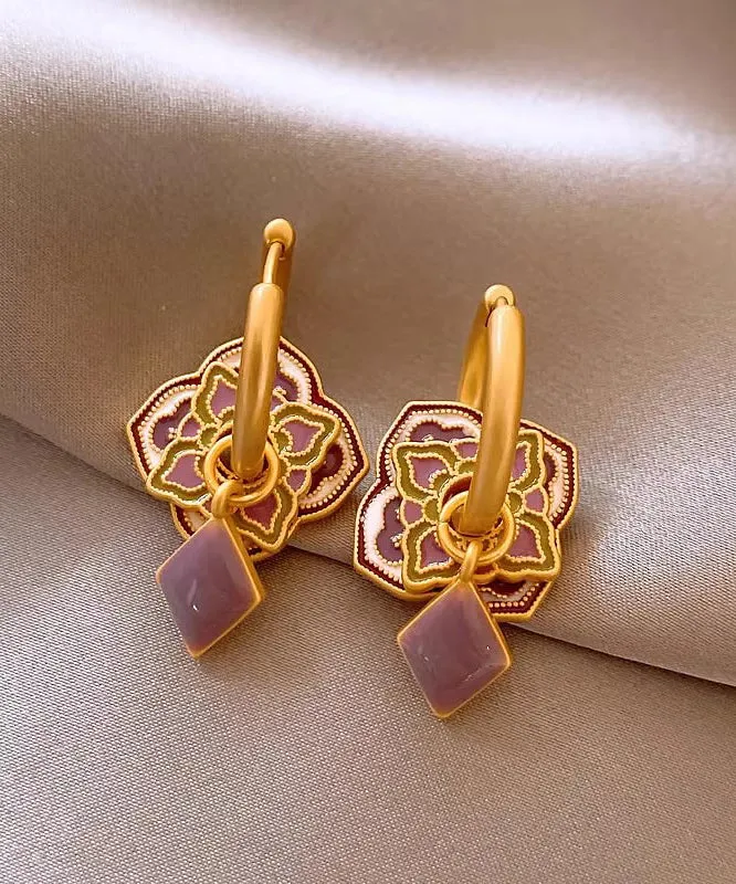 Classy Purple Copper Alloy Enamel Floral Hoop Earrings QQ039