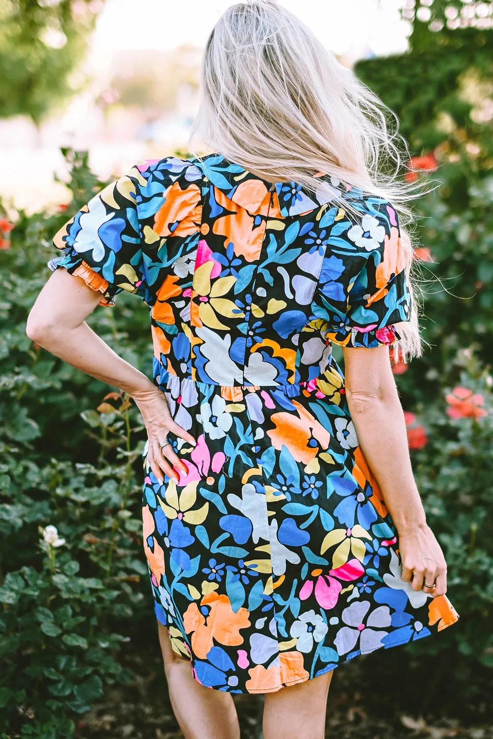 Collared Split Neck Floral Flared Dresses