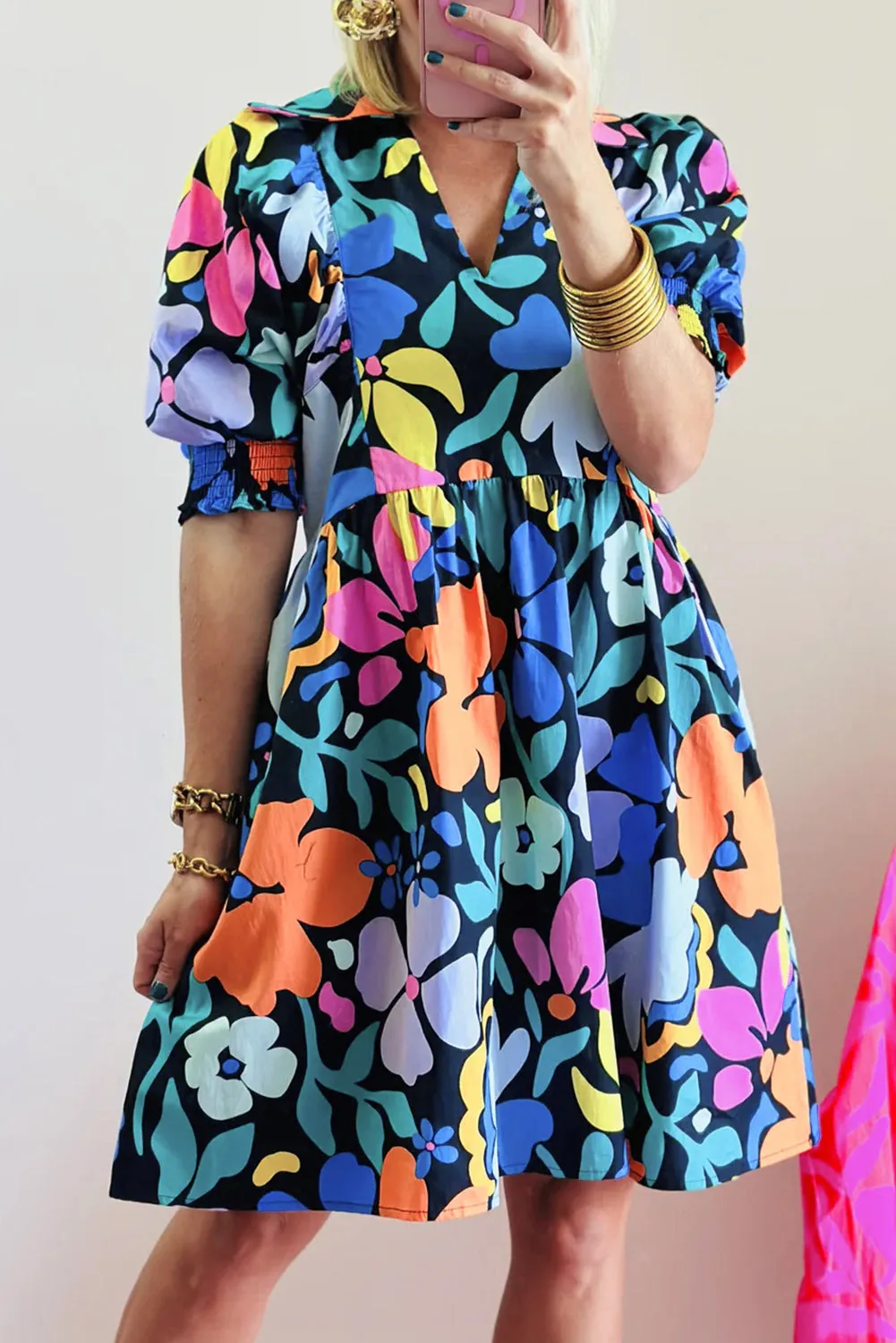 Collared Split Neck Floral Flared Dresses