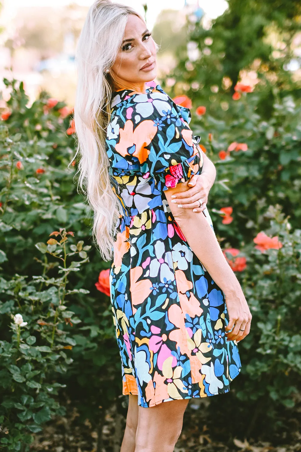 Collared Split Neck Floral Flared Dresses