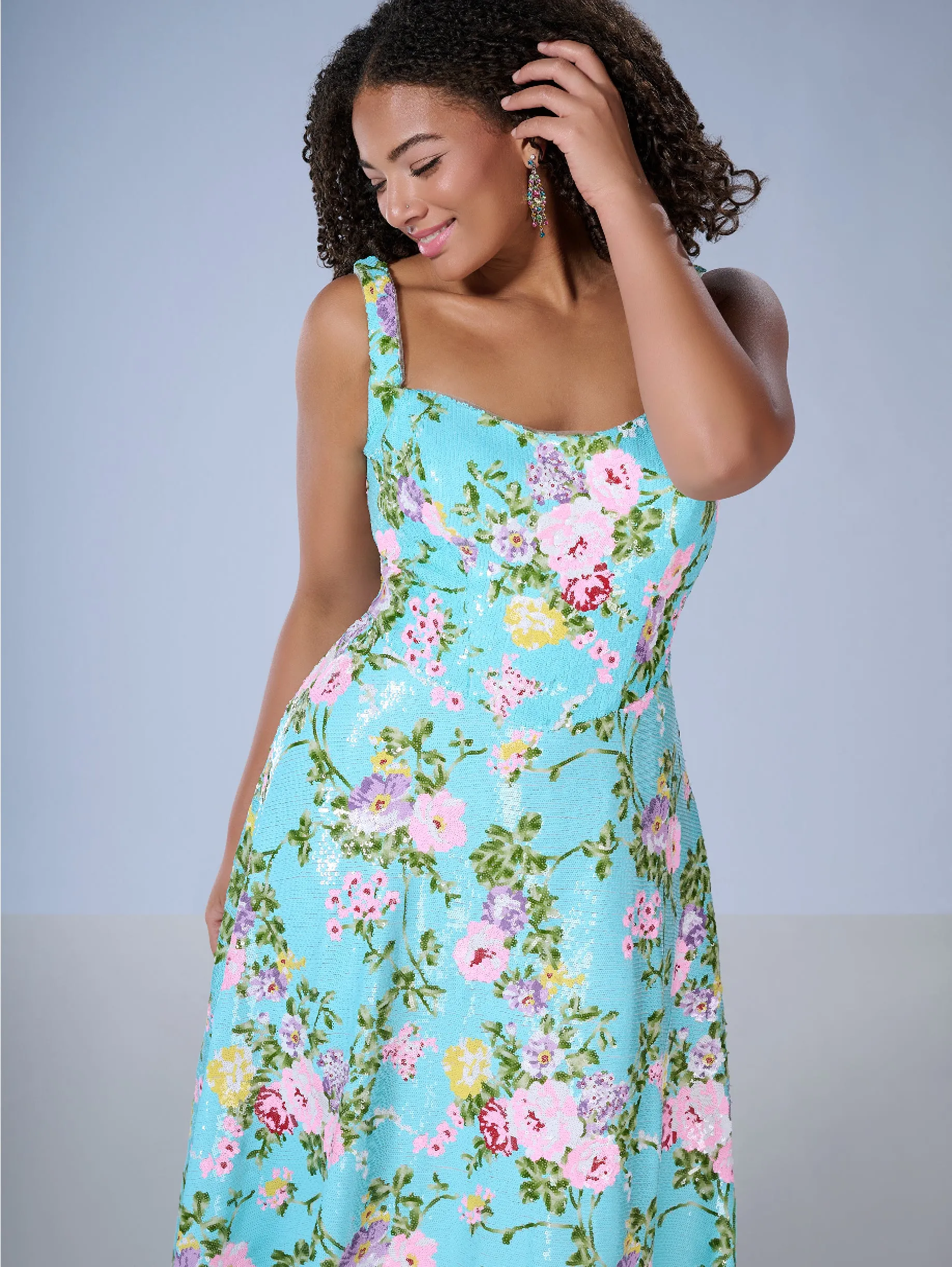 Curvy Floral Print A-line Gown by Tiffany Designs 16174