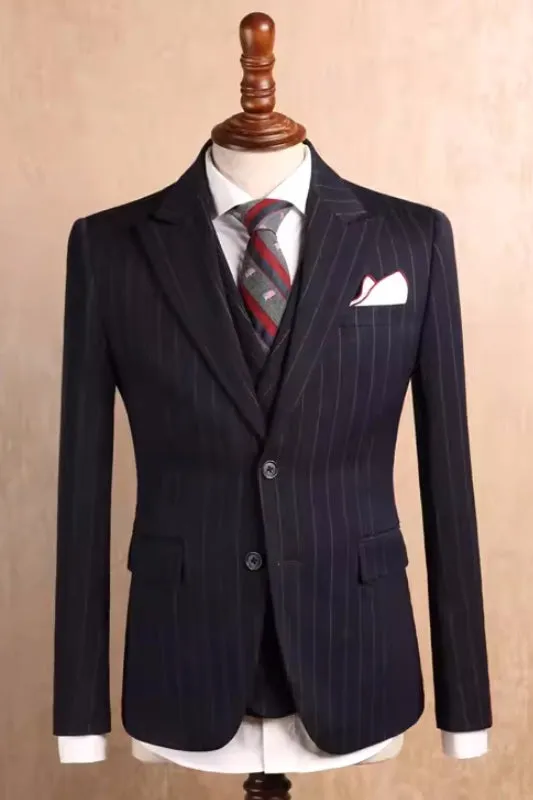 Davis Suave Black Striped Peak Lapel Three Piece Business Attire