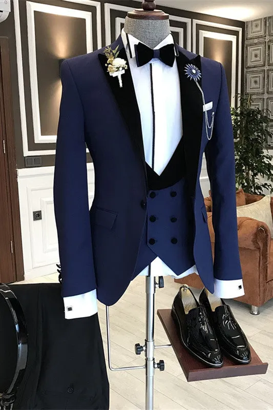 Devin Navy Blue Custom Three-Piece Business Suit with Black Peaked Lapel