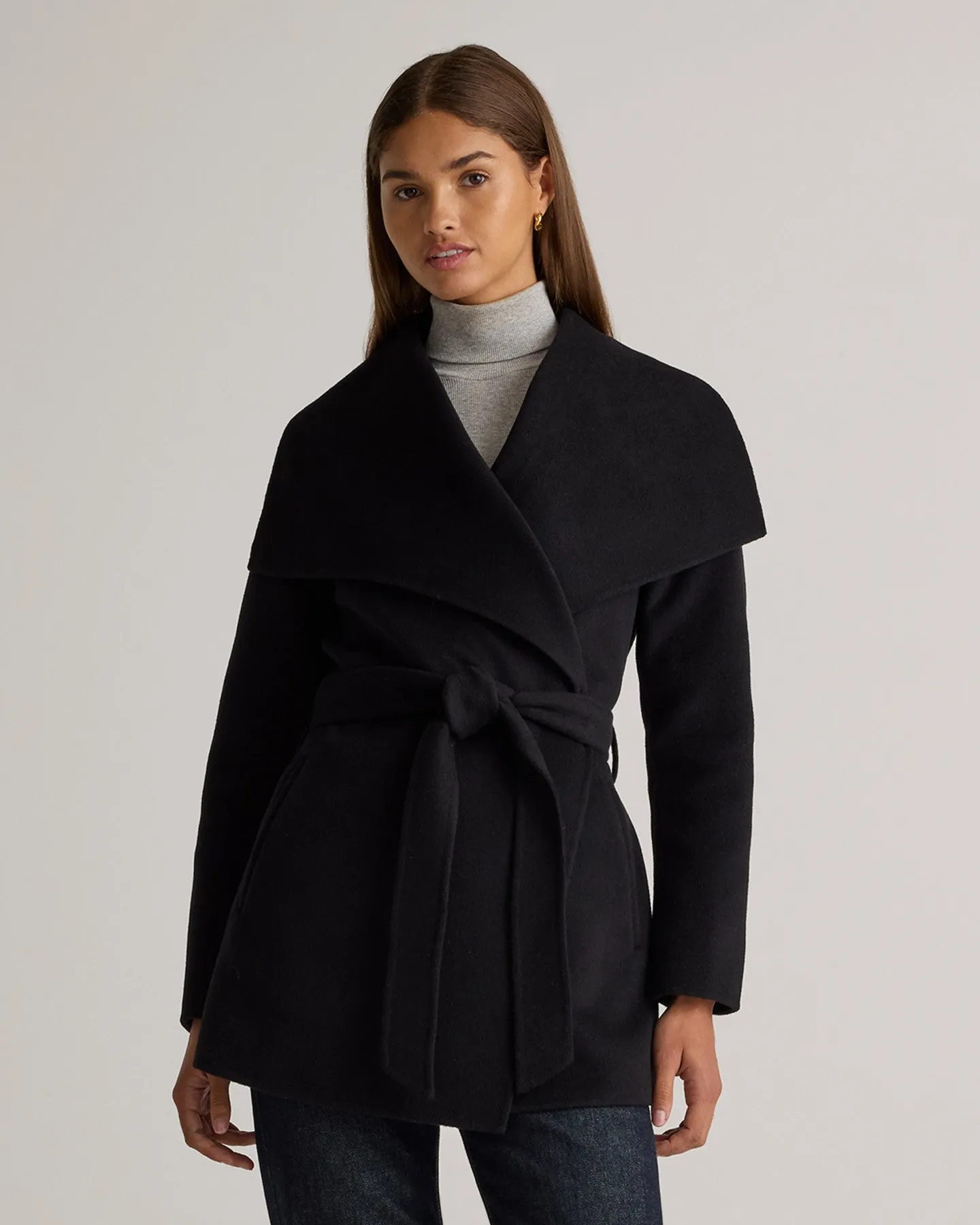 Double-Faced Merino Wool Draped Collar Short Wrap Coat