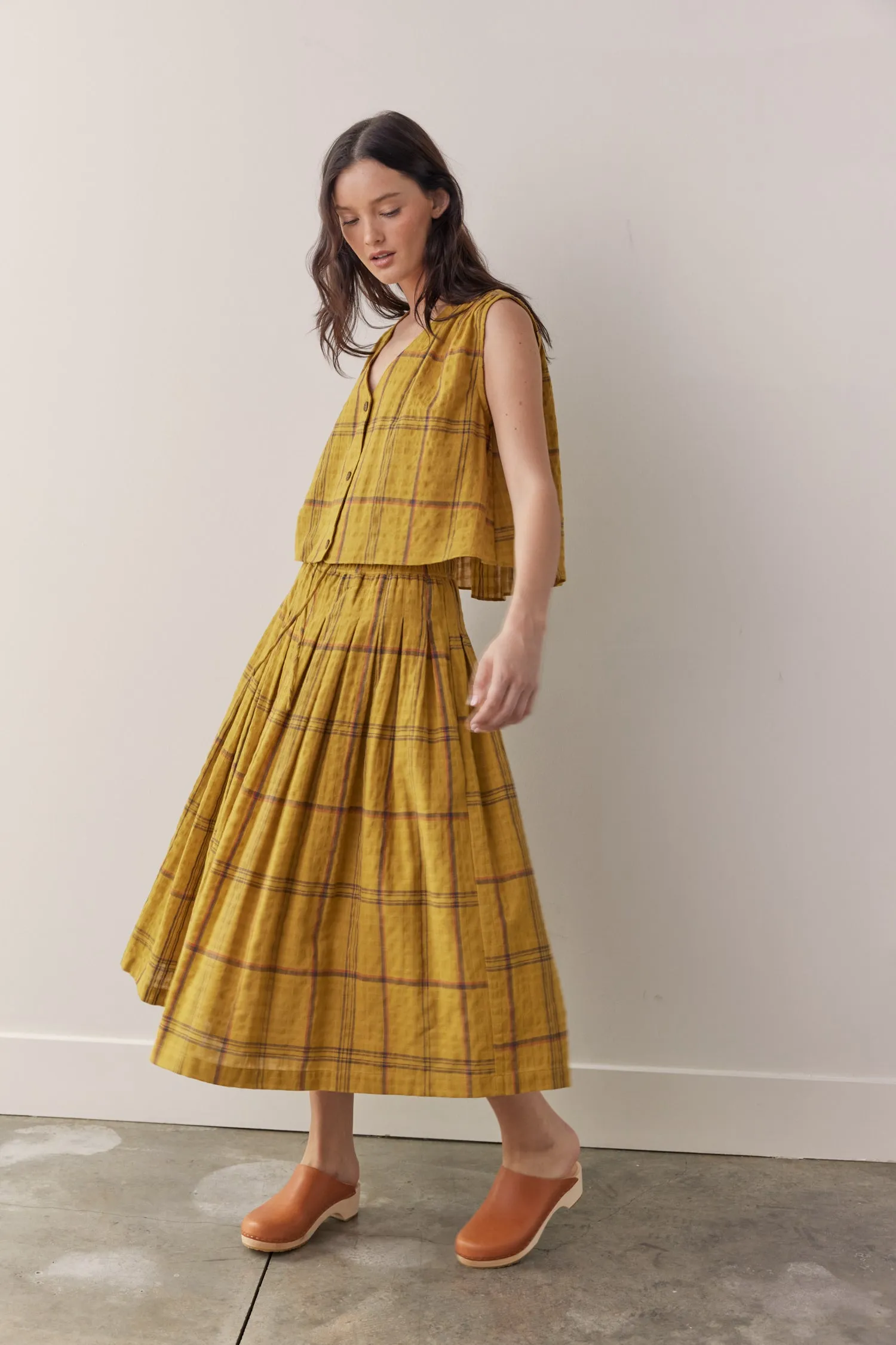 Drawstring cotton plaid skirts