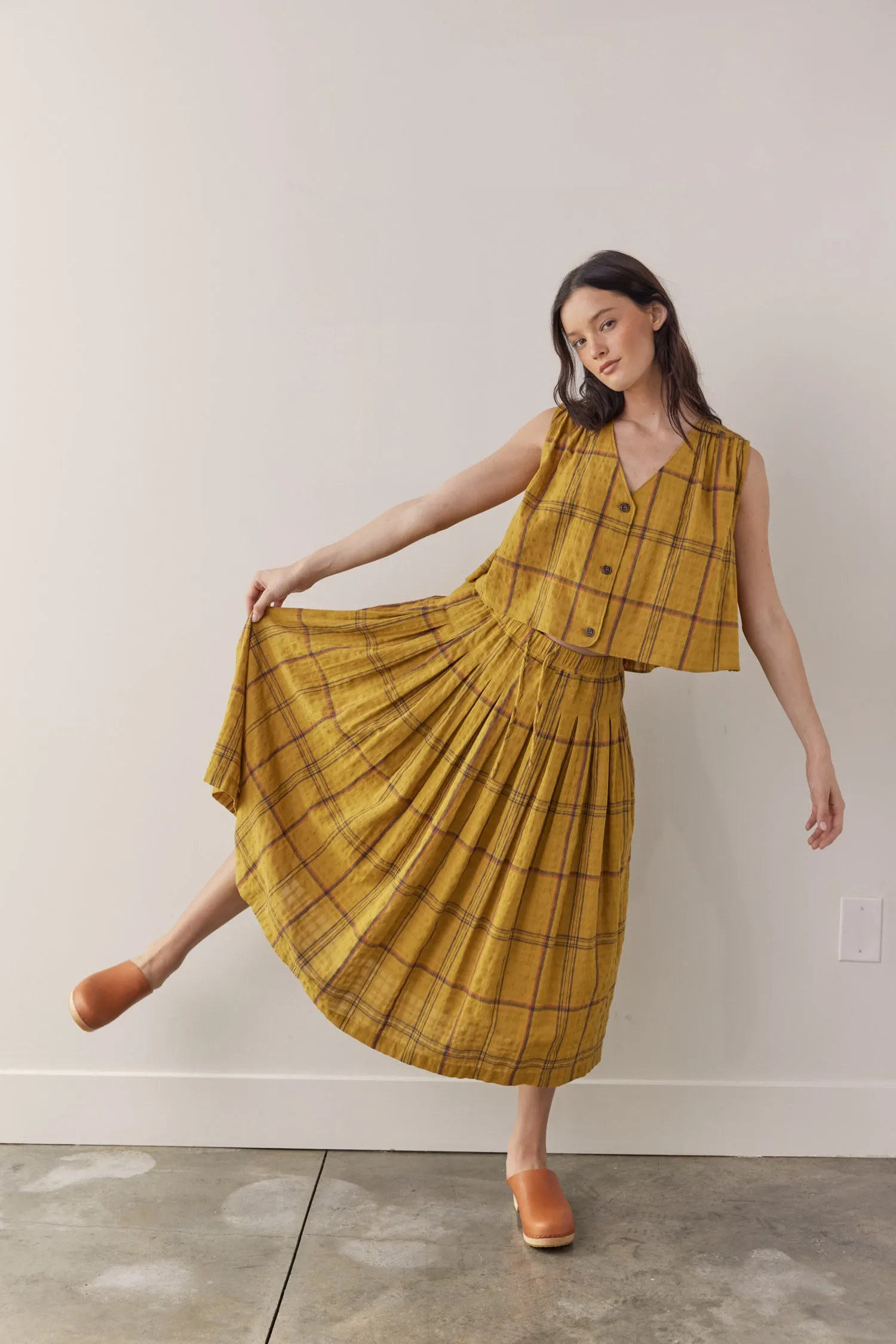 Drawstring cotton plaid skirts