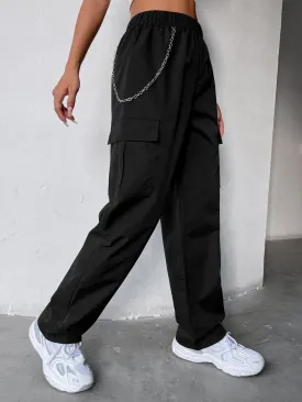 Elastic Waist Cargo Pants With Chain