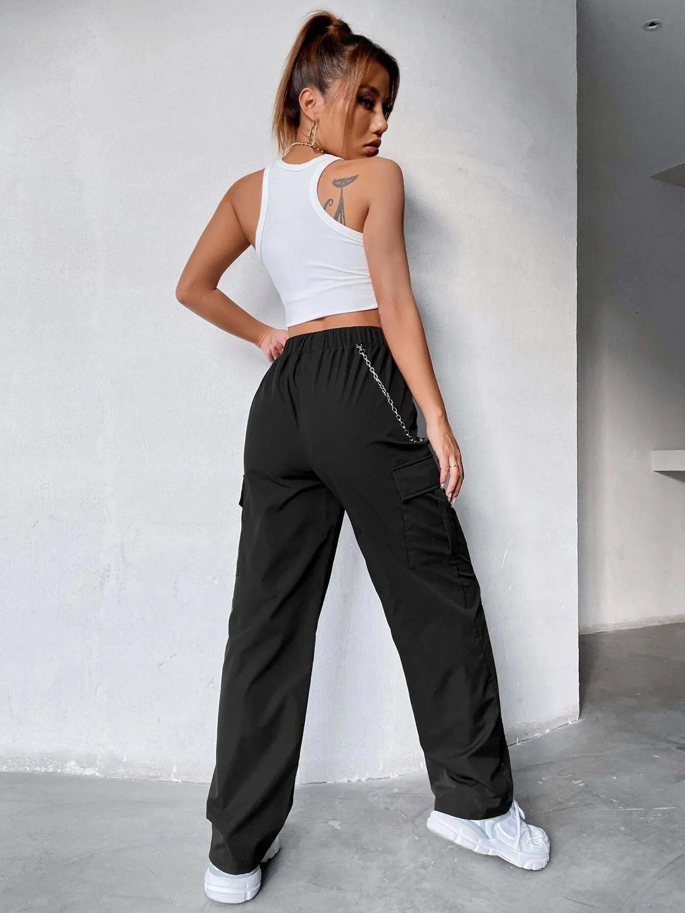 Elastic Waist Cargo Pants With Chain