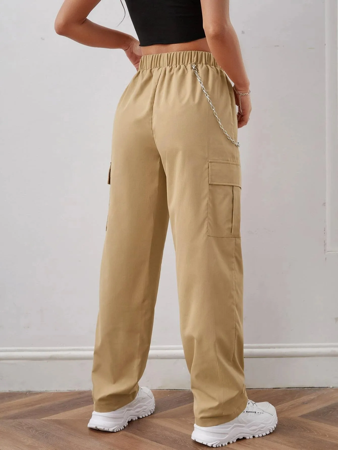 Elastic Waist Cargo Pants With Chain