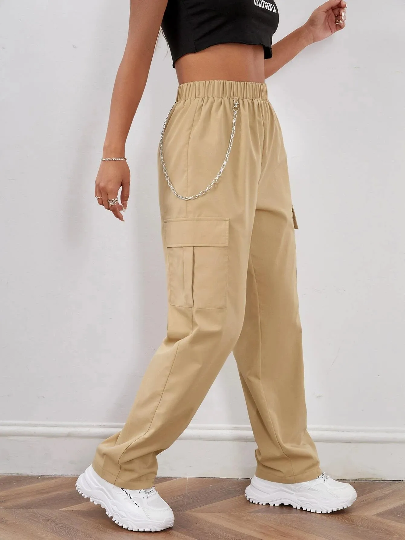 Elastic Waist Cargo Pants With Chain