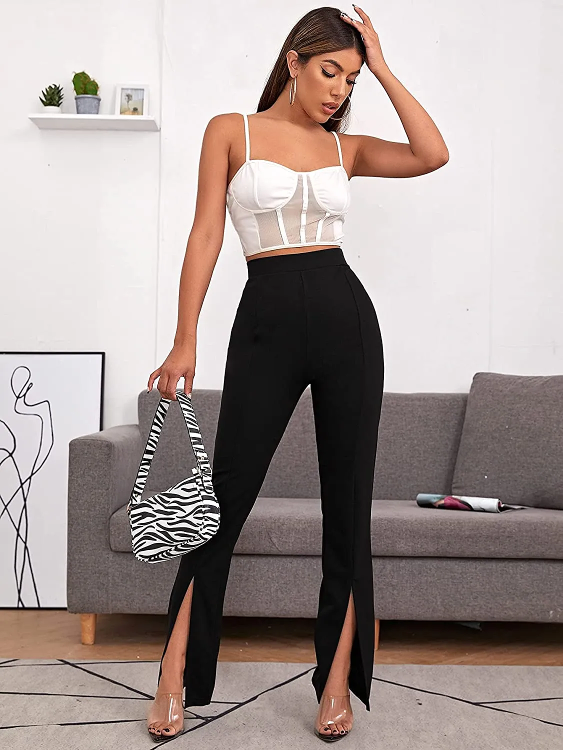 Elegant Black High Waisted Straight Leg Split Hem Pants