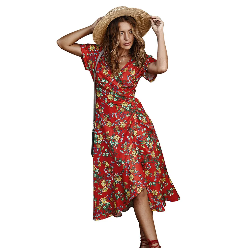 Elegant Floral Midi Wrap Dress