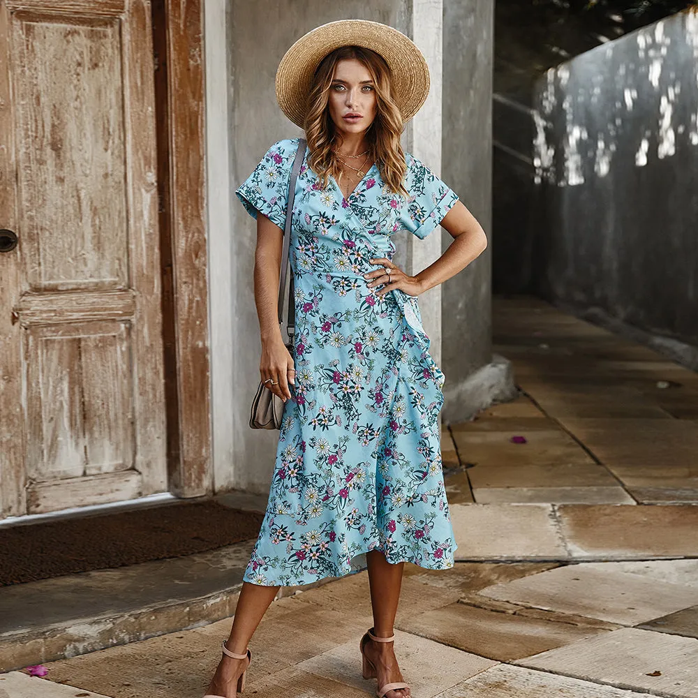 Elegant Floral Midi Wrap Dress