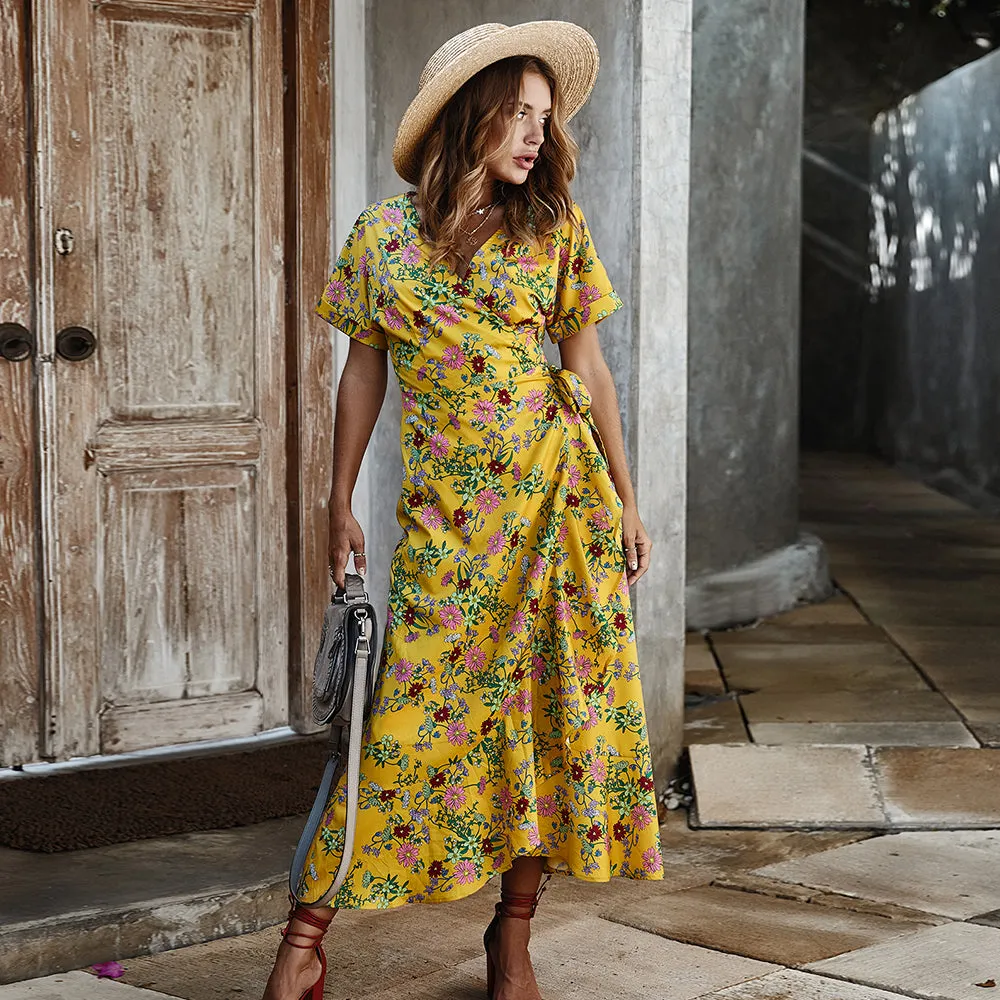 Elegant Floral Midi Wrap Dress