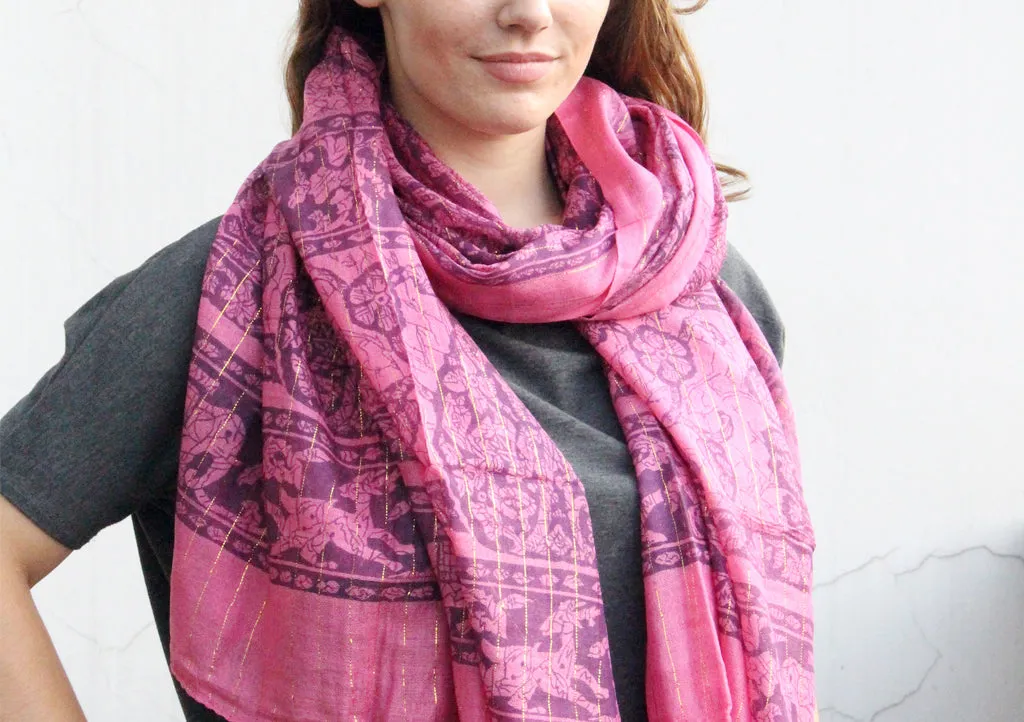 Elephant  Print Dark Pink Cotton Summer Scarf