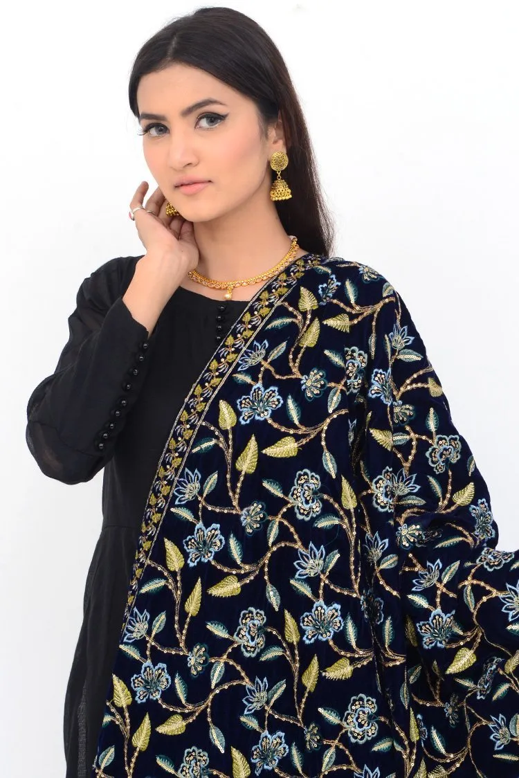 Ellena Fancy Embroidered Shawl Navy - SH223