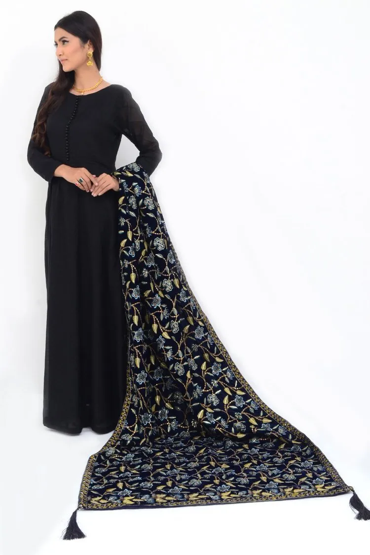 Ellena Fancy Embroidered Shawl Navy - SH223