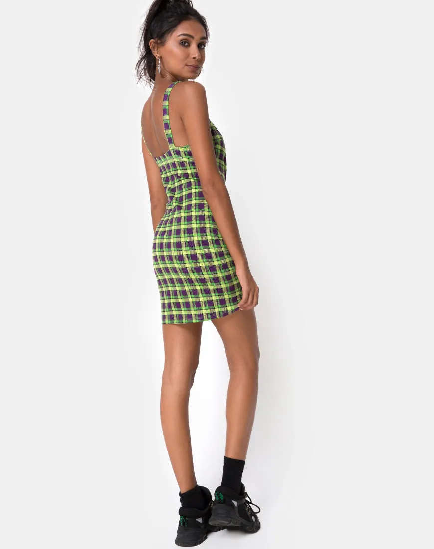 Farzi Bodycon Dress in Green and Purple Check