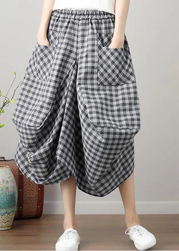 Fashion Black Plaid Cotton Linen lantern Skirts Summer