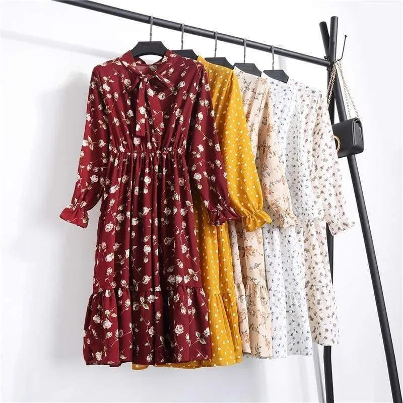 FashionSierra - Summer Autumn Chiffon Print Dress floral Long Bowknot Dresses