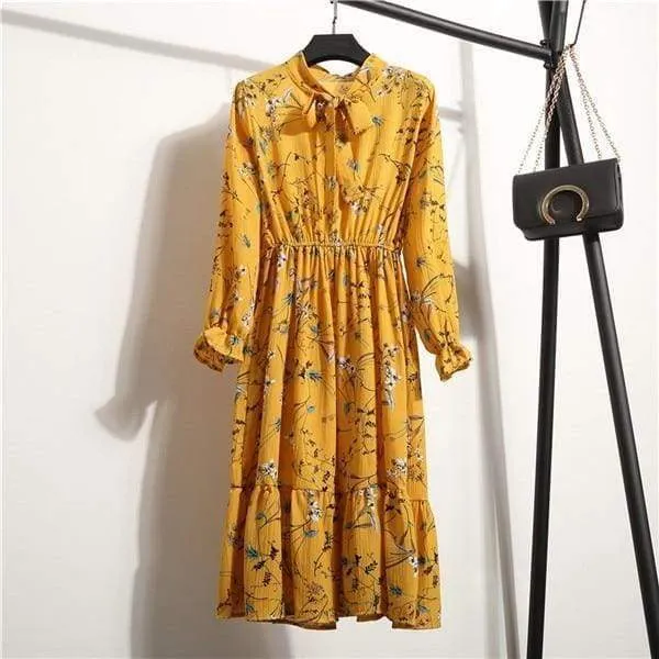 FashionSierra - Summer Autumn Chiffon Print Dress floral Long Bowknot Dresses