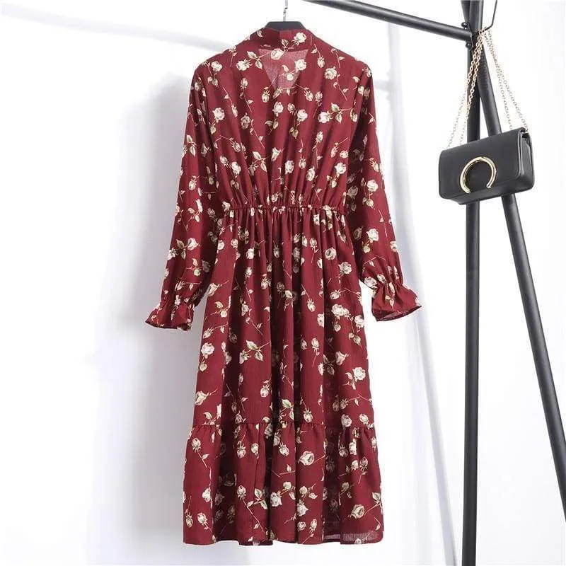 FashionSierra - Summer Autumn Chiffon Print Dress floral Long Bowknot Dresses