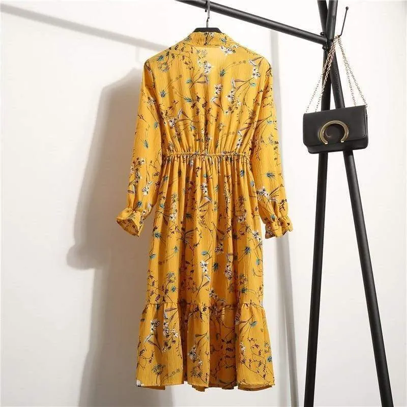 FashionSierra - Summer Autumn Chiffon Print Dress floral Long Bowknot Dresses