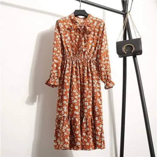 FashionSierra - Summer Autumn Chiffon Print Dress floral Long Bowknot Dresses