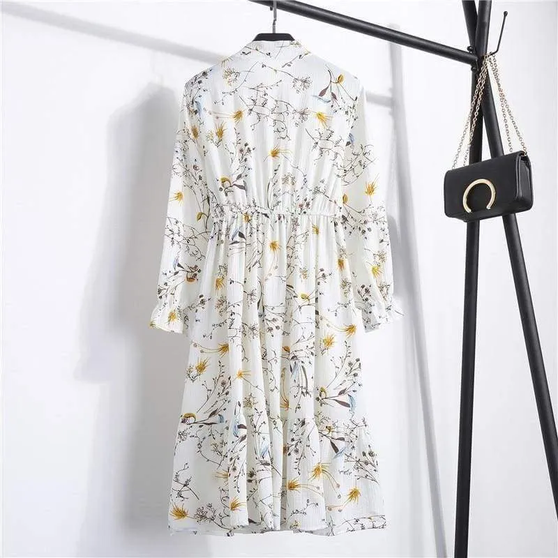 FashionSierra - Summer Autumn Chiffon Print Dress floral Long Bowknot Dresses