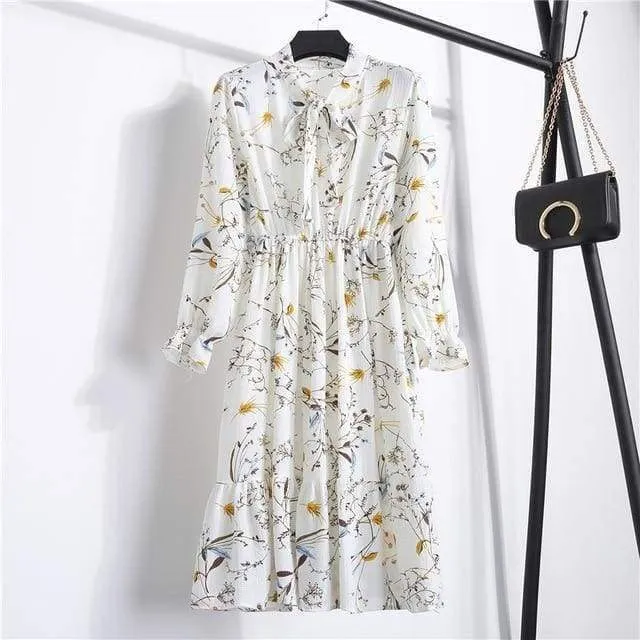 FashionSierra - Summer Autumn Chiffon Print Dress floral Long Bowknot Dresses