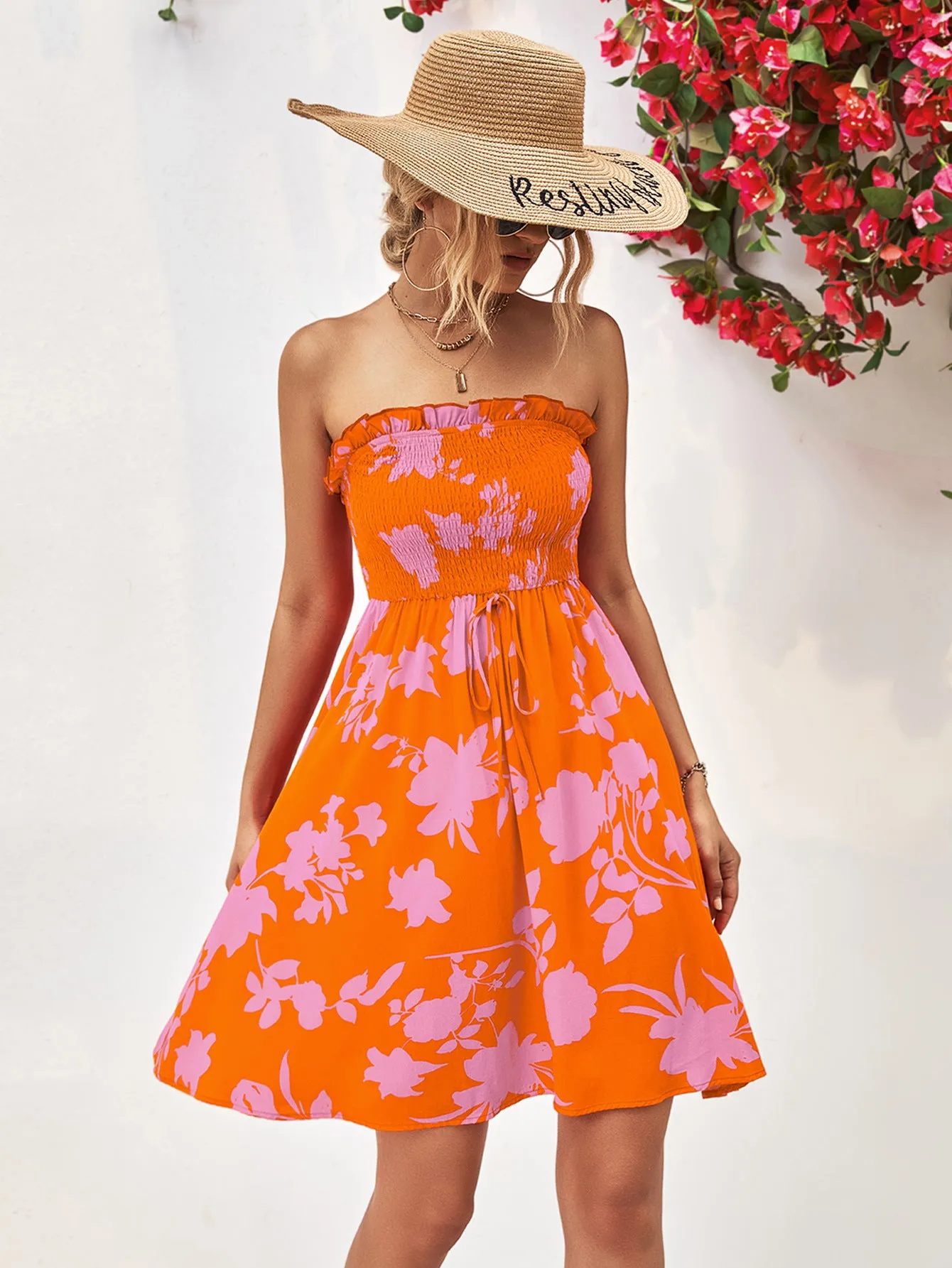 Floral Frill Trim Strapless Smocked Dress