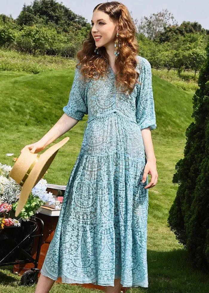 Floral Hollow Out Silk Long Dresses Half Sleeve