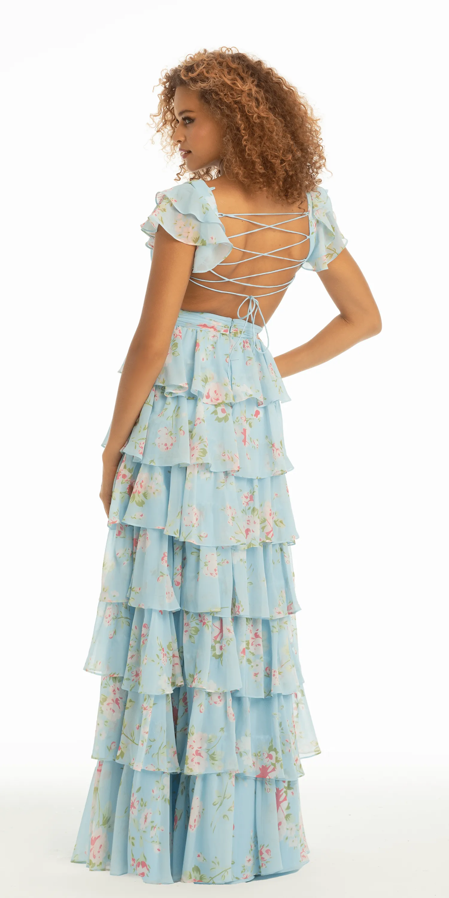 Floral Print Chiffon Tiered Plunging Cap Sleeve Dress with Side Cut Outs