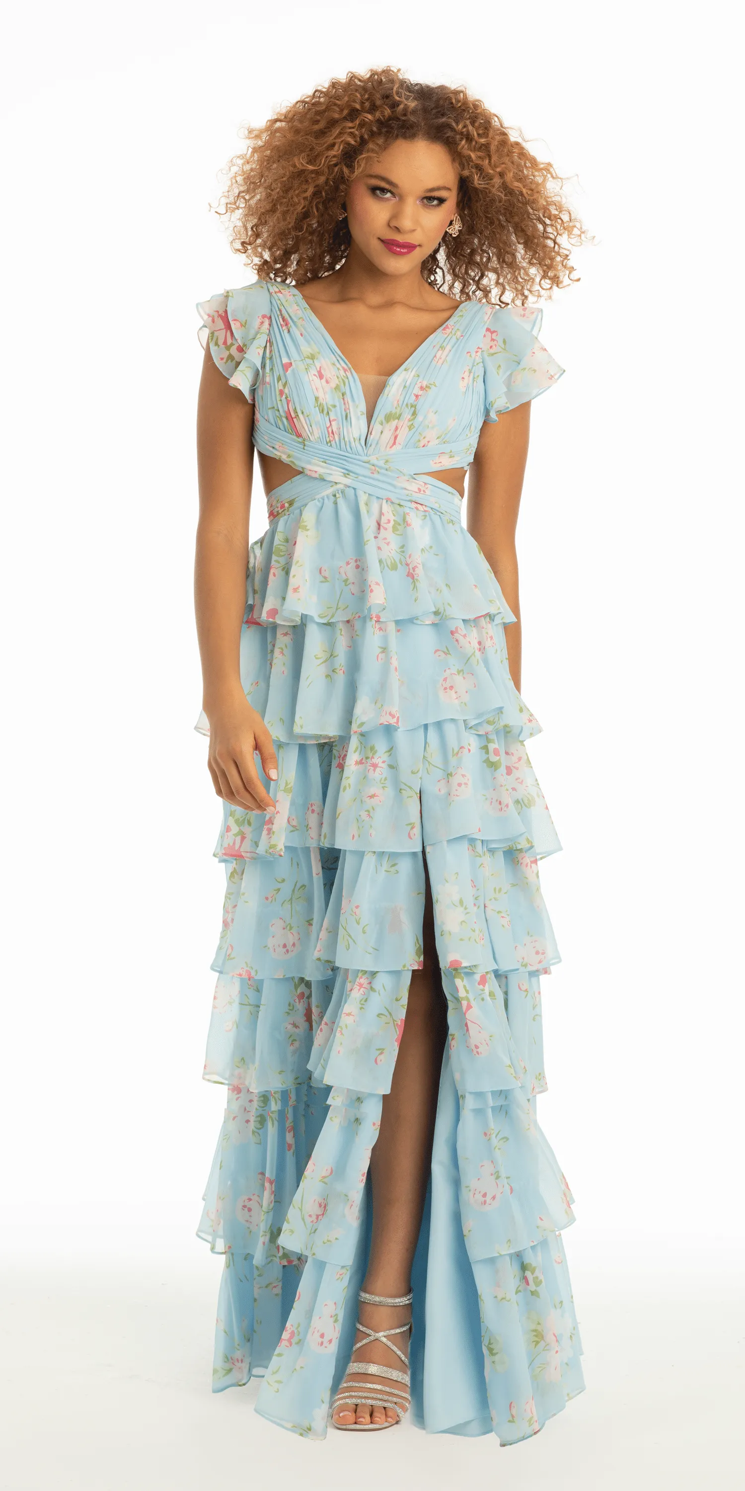 Floral Print Chiffon Tiered Plunging Cap Sleeve Dress with Side Cut Outs