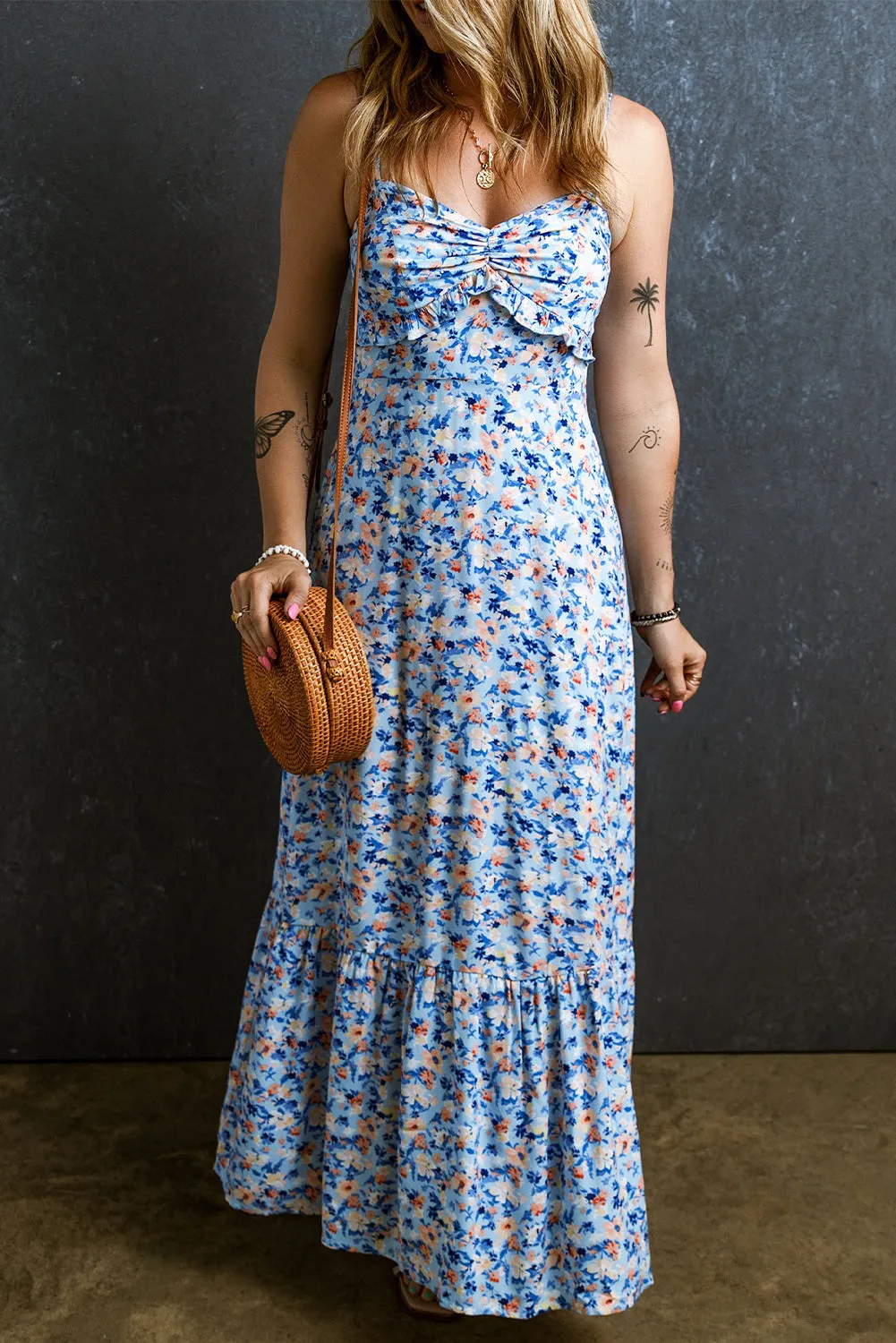 Floral Ruffled Ruched Maxi Dress