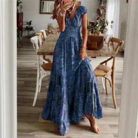 Floral Short Sleeve Slim Flare Bohemian Dress