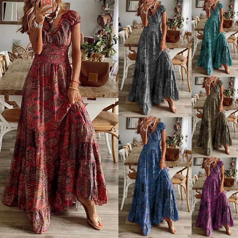 Floral Short Sleeve Slim Flare Bohemian Dress