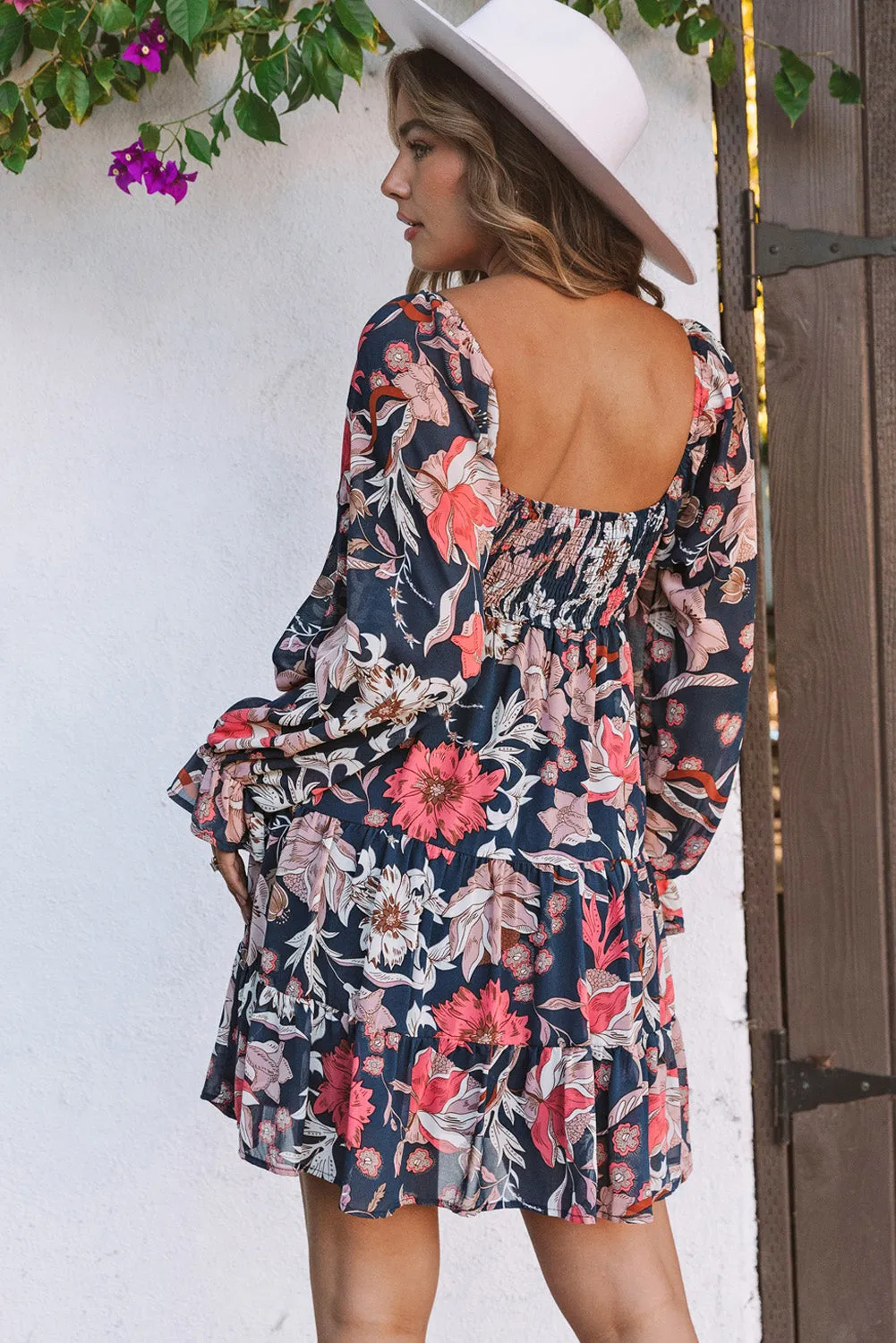 Floral Tiered Long Puff Sleeve Mini Dress