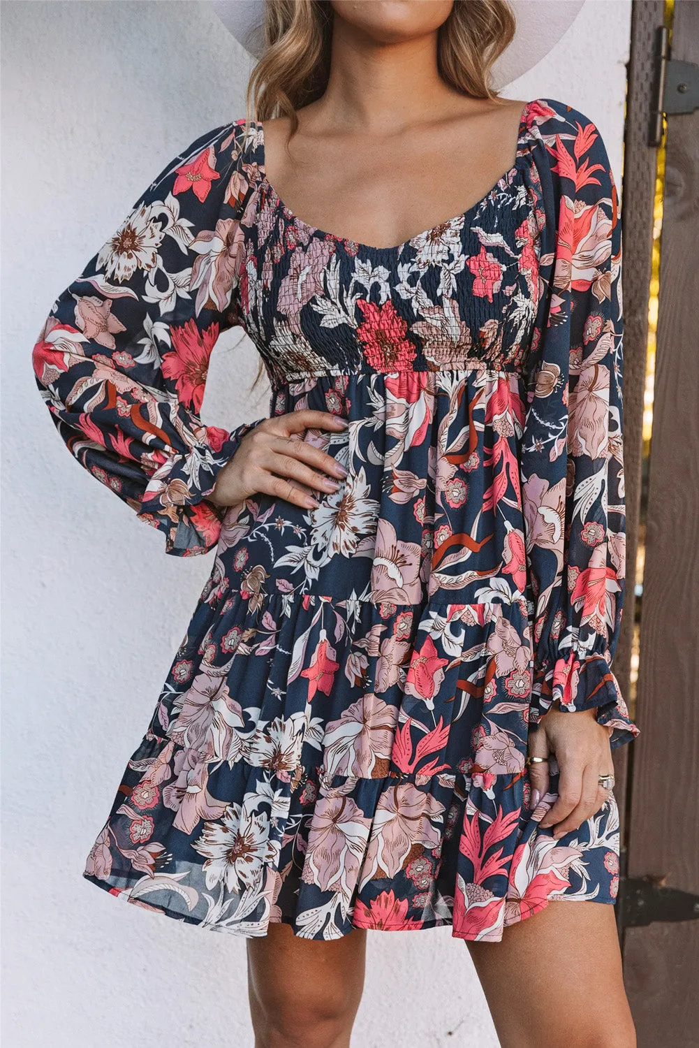 Floral Tiered Long Puff Sleeve Mini Dress