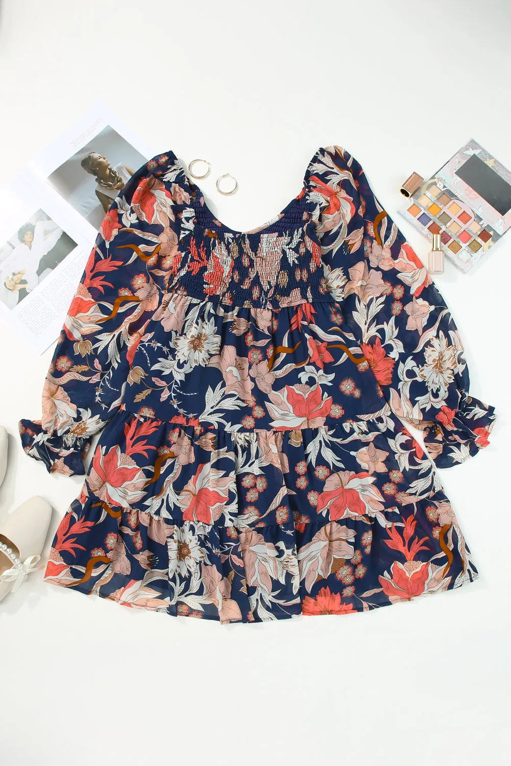 Floral Tiered Long Puff Sleeve Mini Dress